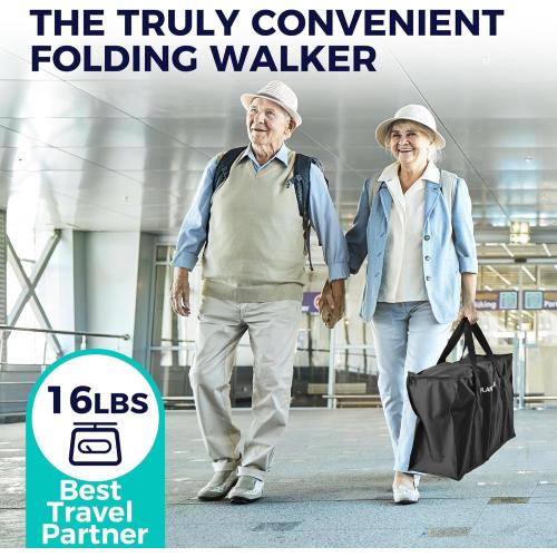 Double Folding Rollator Walker for Seniors - Lightweight Aluminum Frame with 300 lb Capacity, 8 All-Terrain Wheels, 6-Level Adjustable Height Rolling Walker with Travel Bag - Blue