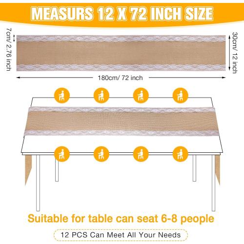 Tatuo 12 Pcs Lace Burlap Table Runner 12'' x 72'' Rustic Jute Hessian Farmhouse Country Vintage Romantic Fabric Cloth for Wedding Birthday Thanksgiving Party(Lovely)