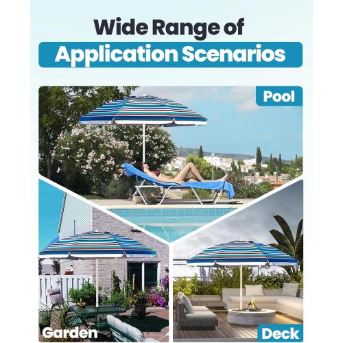 OutdoorMaster Beach Umbrellas for Sand with Sandbag & Anchor, 6.5ft Adjustable Umbrella for Beach Heavy Duty Wind, Portable UPF50  Sunshade with Carry Bag for Patio, Blue Red Striped