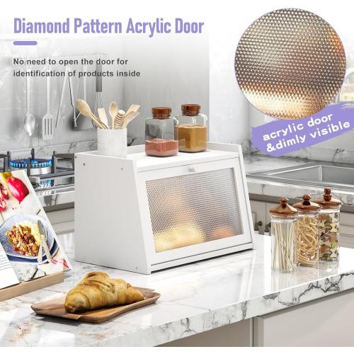 Large Farmhouse Bread Box with Window -White Natural Wood Bread Storage Container for Kitchen Countertop