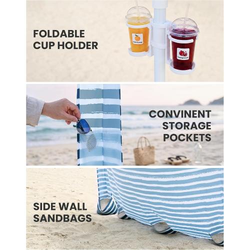 Beach Cabanas for Sand, Foldable Beach Canopy with Sandbags 8' | 43 Compact Fold, 8' x 8' Fits 6 Person, UPF 50 , Wind-Resistant, Privacy Side Wall, Easy Setup, 6.5-8' Adjustable Height