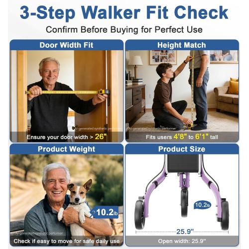 soundfuse Lightweight 3 Wheel Walkers for Seniors, Foldable Aluminum Frame | Weighs only 10.2lbs, Height Adjustable, Removable Storage Bag, Three Wheel Rollator Walker for Indoor and Outdoor Use