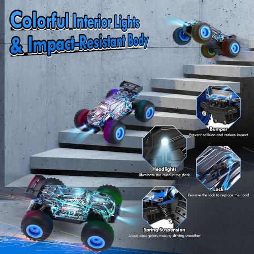 Remote Control Car, 1:18 Rc Cars, All-Terrain RC Truck with LED Light, 20KM/H, Rechargeable, 2WD, 2.4GHz, Sturdy PVC Shell, Remote Control Truck for Boys 4-7 8-12, Beginner
