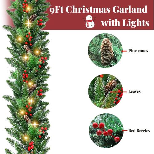 9ft Prelit Christmas Garland with Lights, Battery Operated Lighted Garland Pine Cones & Red Berries, Christmas Decoration for Mantle, Fireplace Indoor & Outdoor （Pine）