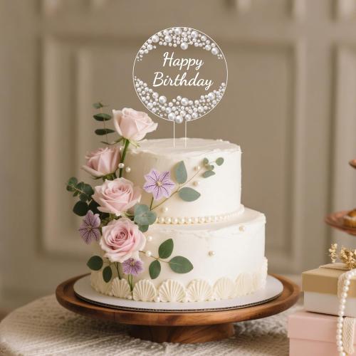Coucoland Birthday Cake Topper - Round Acrylic Cake Decor with Sparkling Rhinestones and Pearls for Party Supplies