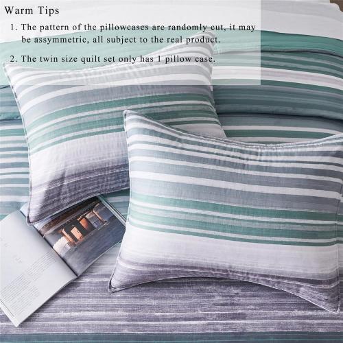 KAKIJUMN Full/Queen Quilt Bedding Set, White Grey and Green Patchwork Striped Quilt Set, 1 Pieces Soft Lightweight Bedspread Coverlet Set with 2 Pillow Sham(Green,Queen)