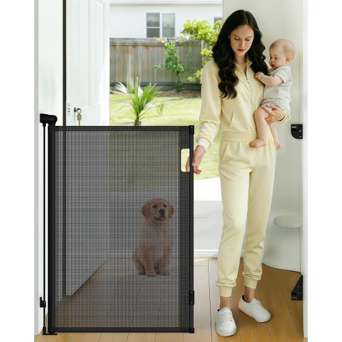 Retractable Baby Gate, 38 Extra Tall Mesh Baby Gate with Auto-Tension Design, 55 Wide One-Hand Operation Dog Gates for Doorways and Hallways, Safety Gate for Babies and Pets, Black