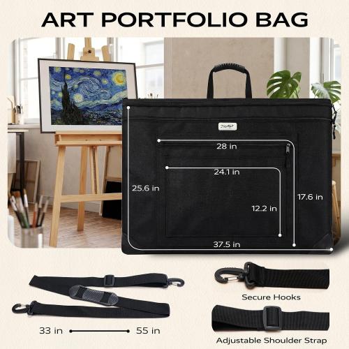 JusArt Art Portfolio Bag, 24x36 Foldable Light Weight Portfolio Folder Case with Adjustable Shoulder Strap, Leather Corners, Waterproof Art Bag for Artists and Adults for Artwork, Poster, Sketching