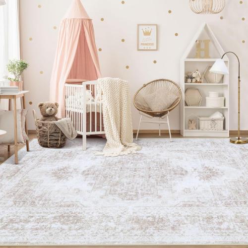 Area Rug 6x9 Living Room Rug, Machine Washable Vintage Distressed Medallion Rug Non-Slip Soft Low Pile Large Indoor Rugs for Bedroom Kitchen Dining Room Office(Beige,6'x9')