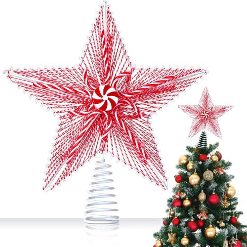 11'' x 12.2'' Christmas Star Tree Topper Peppermint Star Treetop Candy Tree Topper Cane Top Xmas Decorations Candy Themed Party Supplies(Red, White)