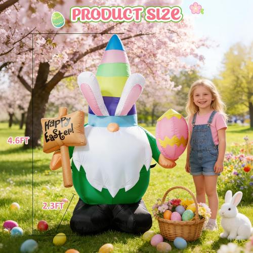 Dawdix 4.6 FT Easter Inflatable Gnome Outdoor Decoration, Blow Up Rabbit Gnome Holding Eggs with Built-in LEDs for Lawn Yard Garden Decor