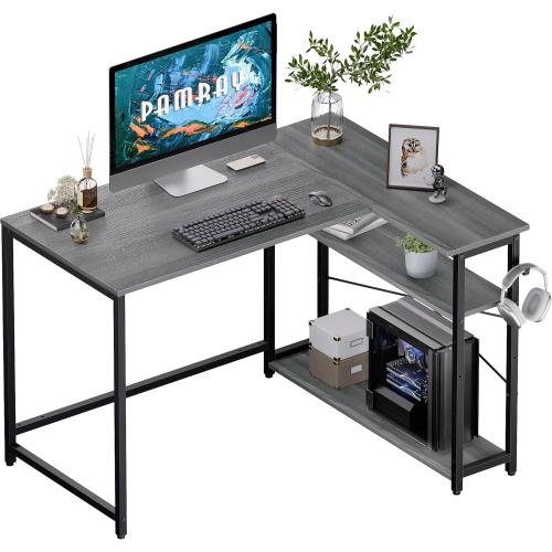 Pamray 43 Inch L Shaped Computer Desk with Reversible Side Storage Shelves, Small Corner Desk for Small Space Home Office,Writing Study Table PC Desk for Bedroom,Espresso Gray