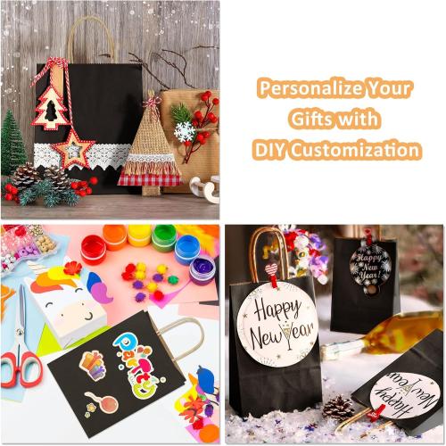 Recyclable Kraft Paper Gift Bag,  Inches, Black, with Handles, Bulk, FSC Compliant, Multipurpose | Kraft Paper, Recycled, Sturdy Handles, For Gift Giving, Crafts, Party Favors, Halloween, Christmas, Business Packaging