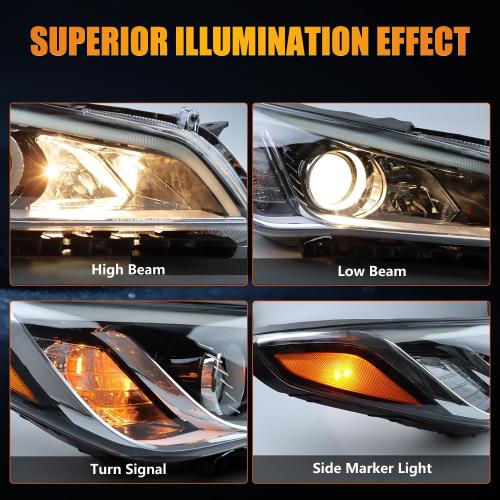 Headlight Assembly for Hyundai Sonata, Passenger & Driver Side Halogen Headlamp with Clear Lens Black Housing Amber Reflector, 1 Pair,