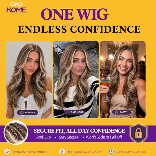 KOME Brown Highlight Wavy 13×6 Synthetic Lace Front Wig for Women 22IN