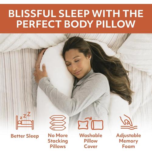 MedCline Therapeutic Full Length Body Pillow, Adjustable Shredded Memory Foam Pillow for Side Sleepers, J-Shaped Body Pillow for Neck, Back, and Hip Support, Removable Washable Cover, 22x50x6