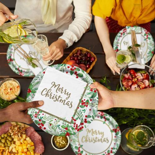 Christmas Party Supplies, Serve 50, Christmas Seasonal Holly Tableware Includes: Paper Dinner Plates, Dessert Plates, Luncheon Napkins and Beverage napkins, Great for Party Decorations