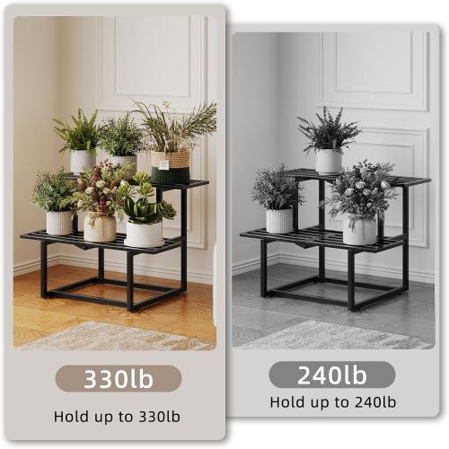 Heavy Duty Plant Stand Indoor Outdoor, Foldable Metal Plant Shelf for Multiple Pots, Mid Century Slatted Bench for Patio Garden, 2 Tier Black