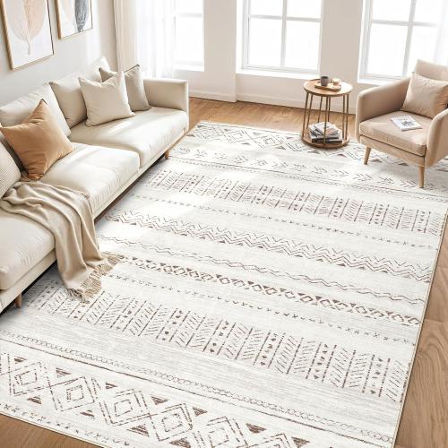 cotiled 8x10 Area Rug Living Room: Washable Boho Rugs with Non Slip Backing Large Soft Indoor Stain Resistant Carpet for Bedroom Farmhouse Dining Room Lightweight Home Decor L Brown/Cream