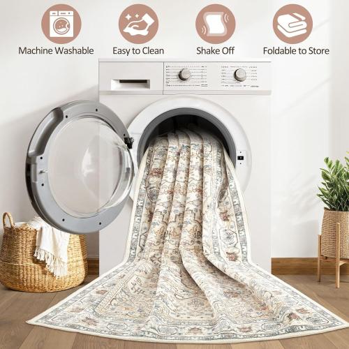 9x12 Area Rug Living Room: Washable Boho Large Neutral Vintage Soft Rugs Stain Resistant Farmhouse Non Slip Indoor Floor Carpet for Bedroom Nursery Kids Playroom Office Dining Room- Cream Blue