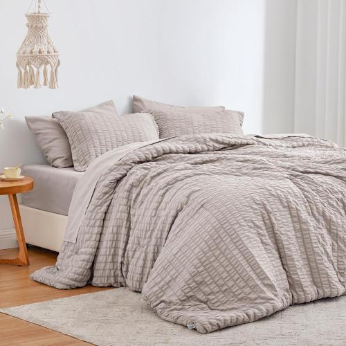 Love's cabin Seersucker Burlwood Queen Comforter Set 7 Pieces, Queen Bed in a Bag, All Season Bedding Set with Comforter, Flat Sheet, Fitted Sheet, Pillowcase and Pillow Sham