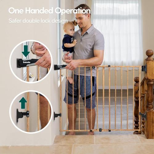Babelio Baby Gate for Stairs & Doorways, 26-43 W 28 H No Bottom Bar| Easy Installation| One-Handed Operation| Auto-Close| Hardware Mount (Drill Needed) Safety Dog/Pet Gate (Brown Wood Pattern)