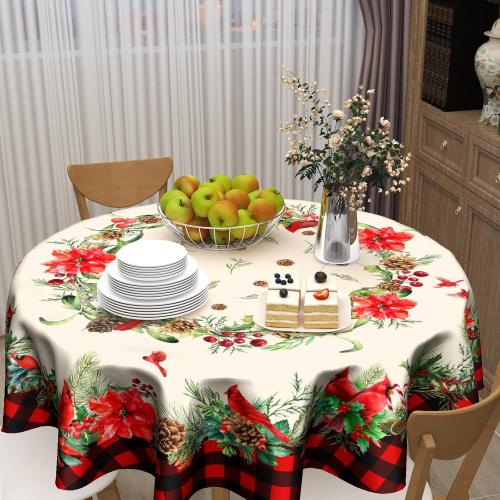 Giwawa Red Birds Floral Tablecloth Round 60 Inch Buffalo Plaid Decorative Water Resistant Table Cloth Cover for Dining Room Kitchen Holiday Party