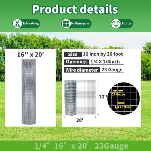 Hardware Cloth 1/4 inch 23 Gauge, Hot-dip Galvanized After Welding, Chicken Coop Wire Fence Wire Mesh Screen, Rabbit/Snake Fences, Netting Wire Cloth Galvanized Wire Mesh Roll