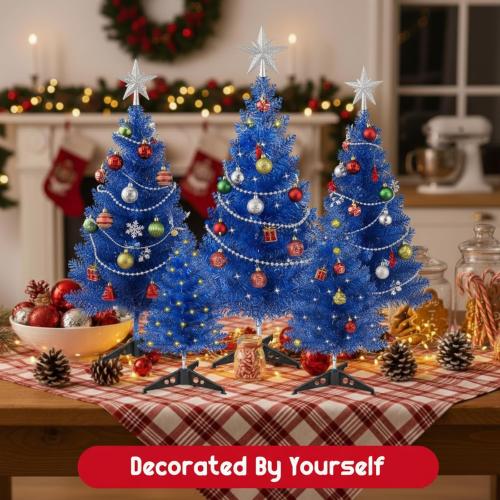 Realspring Blue 3 Pcs Mini Christmas Tree with Lights Tabletop 20/14/8 Inch Small Artificial Xmas Trees Miniature Pine Xmas Tree Bottle Brush Trees for Christmas Home Table Decor