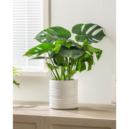 Fayoula Ceramic Planter, 10 8 6 Inch Plant Pots, Modern Striped Indoor/Outdoor Flower Pots for Succulents, Herbs, Home Office & Patio - Includes Mesh Pads & Saucer, Set of 3