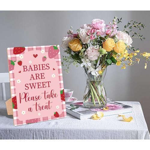Strawberry Baby Shower Table Sign, Babies Are Sweet Please Take a Treat Sign, Pack of 1 Wooden Tabletop Sign with Stand, Berry Baby Shower Supplies, Gender Reveal Party Decorations - RG57
