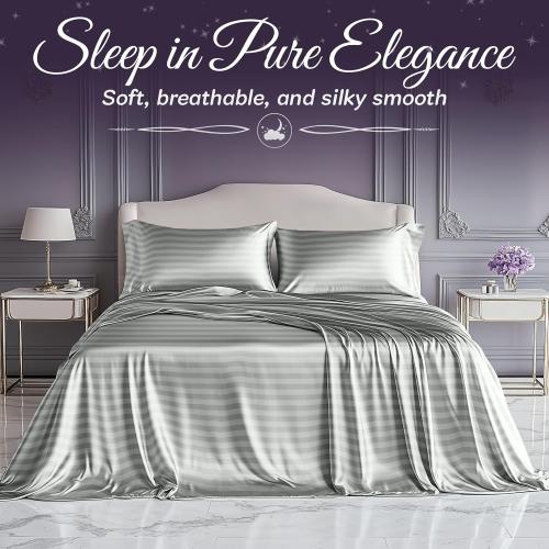 SLEEP SANCTUARY Satin Sheets King Size – 4 Piece Luxury Silky Bed Set, Softer Than Silk, 15 Deep Pocket, Cooling & Wrinkle-Free, Moisture-Wicking & Breathable for Hair & Skin (Striped Grey)