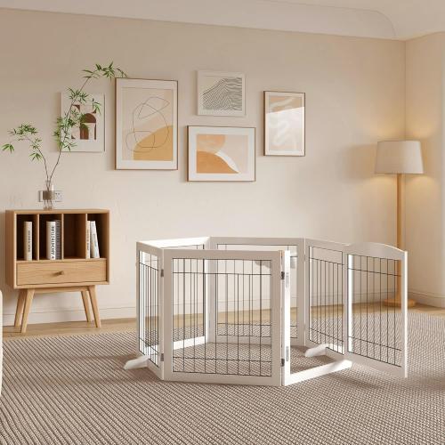Vantas Folding Pet Gate 144 Wide, 30 Tall No-Assembly Wooden Dog Gate with Door Walk Through, Freestanding Wire Pet Gate, Pet Puppy Safety Fence, with 2PCS Support - White