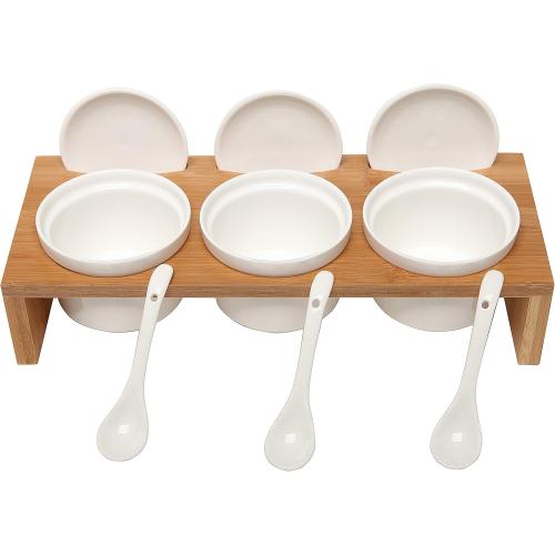 MyGift 10 Pcs Sauce Serving Dish, Hosting Party Essentials Host Gift, 3 Ceramic Ramekin Chip Dip Bowls with Lids & Spoons, Premium Bamboo Server Tray, Condiment Pot Entertaining