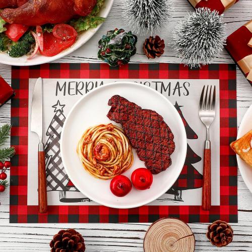 Umigy 60 Pcs Christmas Dinner Paper Placemats 10.24 x 14.57 Inch Christmas Tree Buffalo Plaid Disposable Paper Placemats Black and Red Table Mats for Xmas Dinner Kitchen Party Supplies
