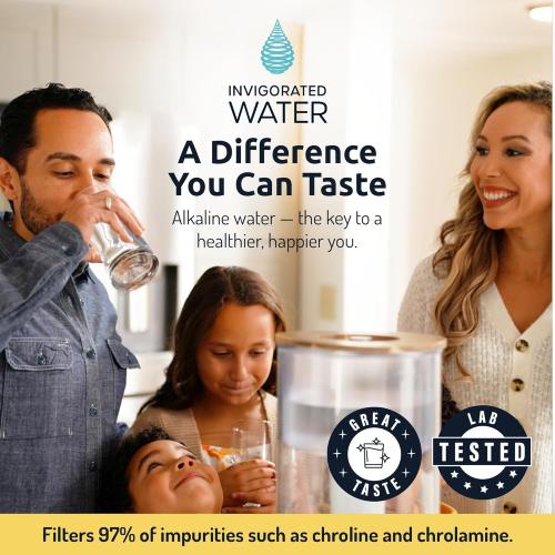 CLEAR AND WOODEN Invigorated Water pH Recharge Alkaline Water Filter Dispenser – BPA-Free Glass Countertop Water Filter Pitcher Purifier for Home & Office, 36-Cup Capacity, 360L Long Filter Life (Acacia/Marble)