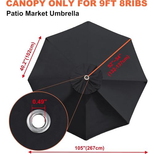 EliteShade USA 9FT Patio Umbrella Replacement Covers 8 Ribs Market Umbrella Canopy Cover (CANOPY ONLY) (Black)