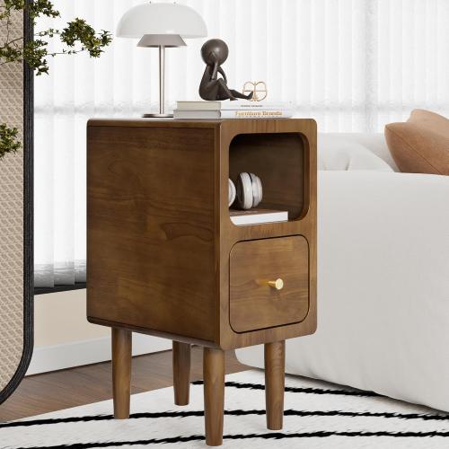 Narrow Nightstand, Solid Wood Night Stand with Drawers, Walnut Mid Century Modern Nightstand, Small Beside Table with Open Storage Shelf for Bedroom (10 inch)