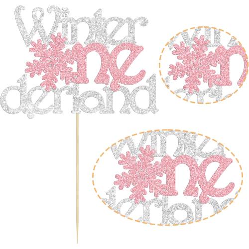 1Pc Winter Onederland Cake Topper Pink Glitter Snowflake One 1st Birthday Party Cake Pick Decorations for Winter Snowflake Theme Baby Shower Kids First Birthday Party Supplies
