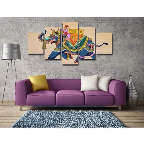 Canvas Wall Art Traditional Indian Elephant Painting Modern Artwork Picture for Wall Living Room Decor Rajasthani Wall Painting Elephant with Jockey Poster Prints Frame Decoration(60''Wx32''H)