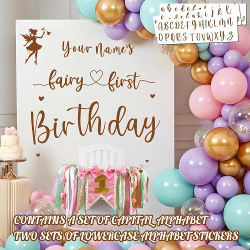 Custom Name Fairy First Birthday Decal Sign for Backdrop Sweet Baby Girl 1st Birthday Party Decorations Vinyl Sticker for Balloon Arch Fairy Girl Happy First Birthday Banner Baby Shower Party Supplies