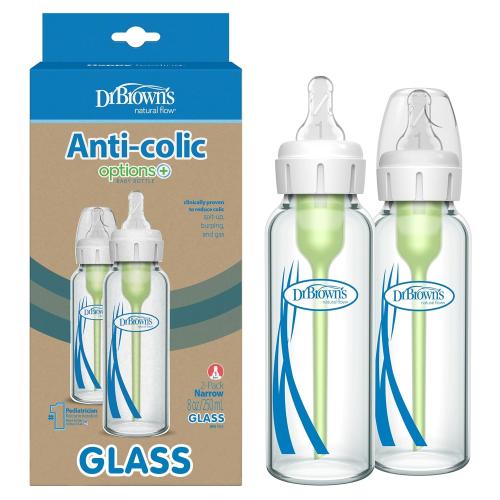 Dr. Brown's Natural Flow Anti-Colic Options  Narrow Glass Baby Bottle 8 oz/250 mL, with Level 1 Slow Flow Nipple, 2 Pack, 0m