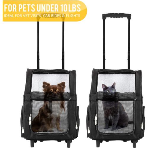 Color Black KOPEKS Deluxe Backpack Pet Travel Carrier with Double Wheels for Pets up to 10 Pounds - Black - Approved by Most Airlines