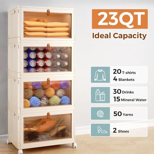 4 Tier Stackable Plastic Storage Bins with Lid and Wheels - 23 QT Closet Organizers and Storage, Foldable Storage Containers, Organization and Storage Boxes for Craft, Home, Pantry, Dorm,Yellow