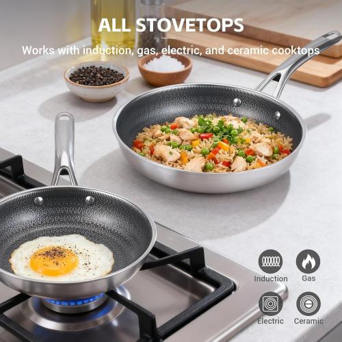 Ammeloo Hybrid Tri-Ply Stainless Steel Frying Pan Set, 8/9.5/11 Cooking Pans, Non Stick Frying Pans and Skillets, Chef Pan, Non Toxic, Dishwasher Safe, Induction Compatible, Black Interior