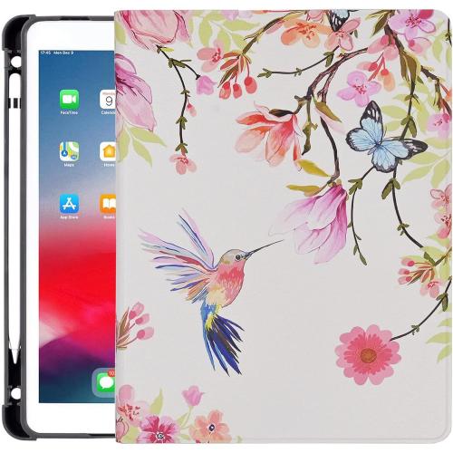 Rotating Case for iPad mini 5 2019/Mini 4 2015 (5th/4th 7.9 inch), Folding Smart Case Stand Shockproof TPU Cover with Pencil Holder Auto Sleep/Wake for Women Girl, Flower Hummingbird