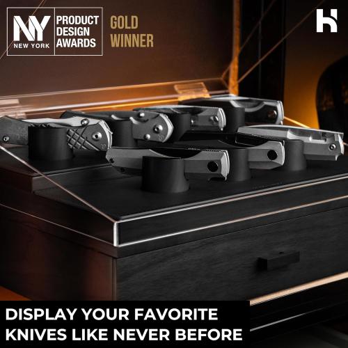 Premium Pocket Knife Display Case for 30 Knives - Large Wooden Knife Organizer, Storage & Holder with Unique Pillars, Hinged Cover, Drawer - Knife Collection Box - Handcrafted for Men