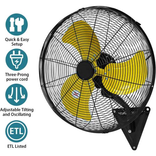 size 20 in Wall Mount Fan, 20In Oscillating Wall Fan with 7000CFM, 3-Speed, Upgrade Motor High Velocity Industrial Fans for Commercial, Garage, Residential and Patio Use, Yellow