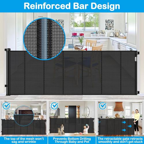 Reinforced 42 Tall X 120 Extra Wide Retractable Baby Gate Extra Long Baby Gates for Large Openings Prevent Kids and Pets from Jumping Over Retractable Pet Gate Reinforced Puppy Gates for Dogs, Black