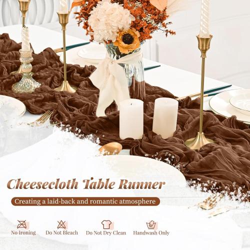 Pesonlook 24 Pack Cheesecloth Table Runner, 10FT Brown Table Runner Long Romantic Semi Sheer Rustic Boho Gauze Table Runners for Wedding Bridal Shower Birthday Party Decorations(21.5×120 Inch)